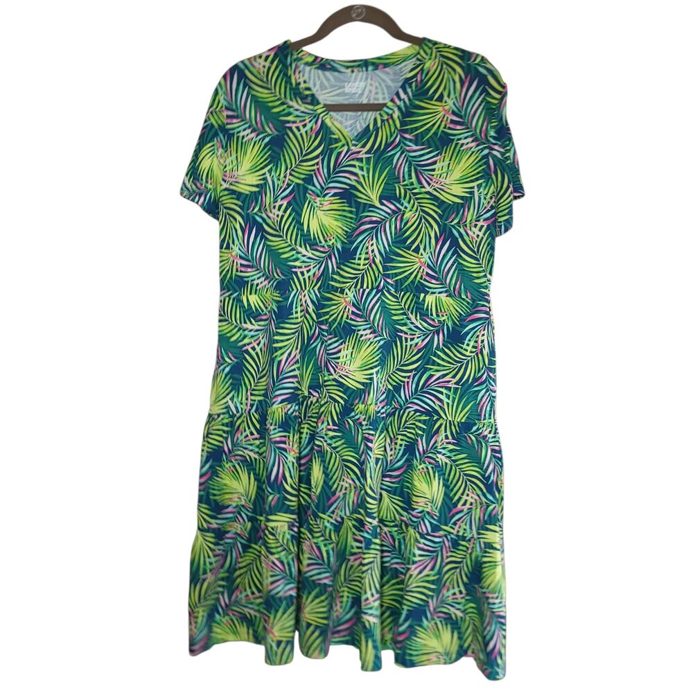 Lands End Dress Size L Pockets Green Palm Leaves Leaf V Neck Short Sleeve Soft